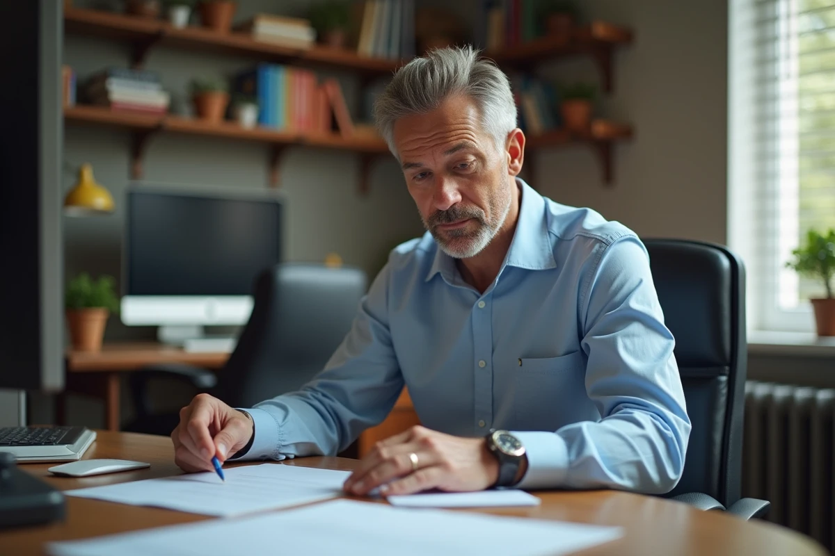 Homme v&eacute;rifiant un contrat dans un bureau &agrave; domicile