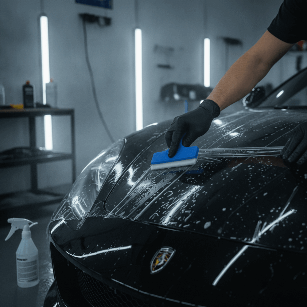 Gros plan sur la pose d'un film de protection PPF sur la carrosserie d'une voiture en atelier de detailing