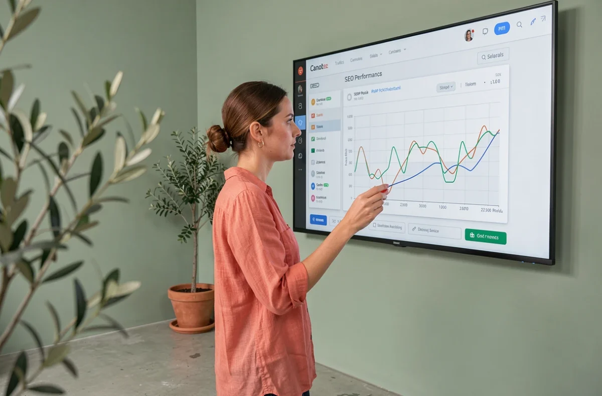 Analyste SEO féminine étudiant des graphiques de performance dans le bureau de l'agence 900 Secondes à Cannes