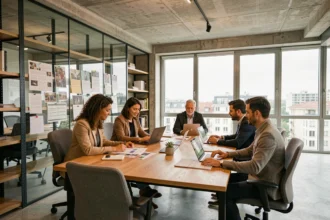 Équipe d'une agence de communication travaillant ensemble dans un open-space moderne en Seine-Saint-Denis