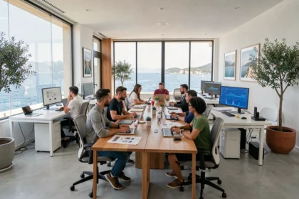Équipe d'une agence web travaillant dans un bureau moderne avec vue sur la Méditerranée dans les Alpes-Maritimes