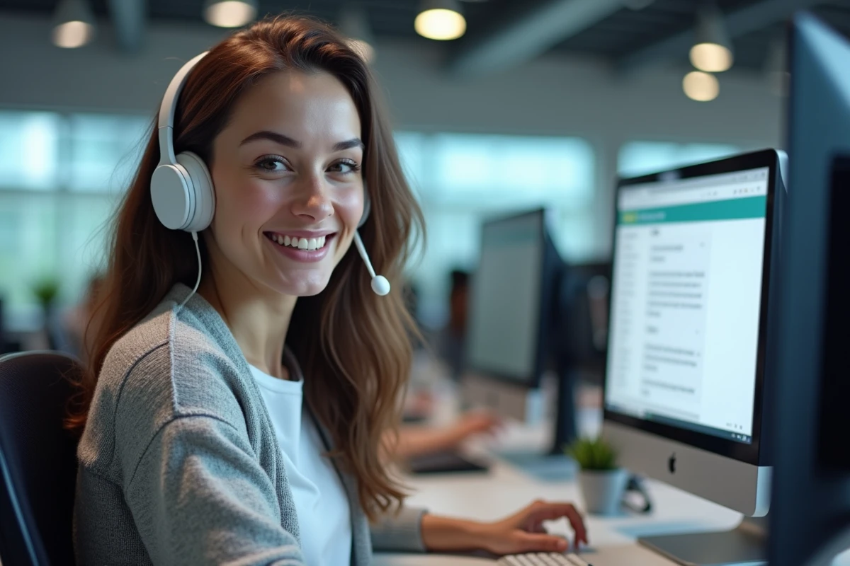 Agente de support client répondant à des messages en direct via un logiciel de livechat dans un centre de service client professionnel