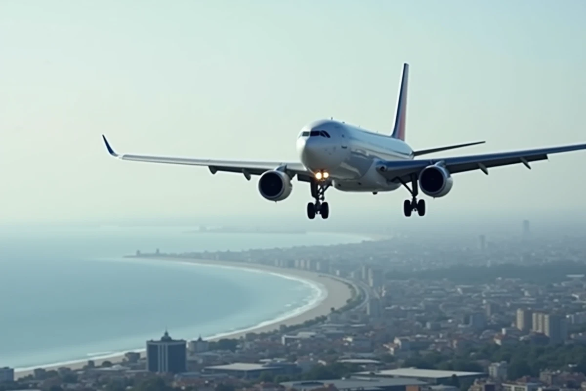 Airbus A330 en finale d'atterrissage avec train sorti et volets déployés survolant une ville côtière, vue depuis le sol