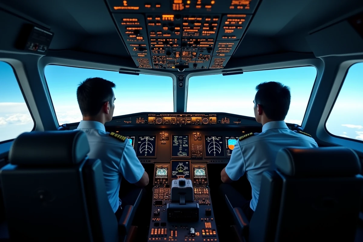 Cockpit de l'Airbus A330 avec deux pilotes en uniforme aux commandes durant un vol en croisière, tableau de bord EFIS et vue sur les nuages