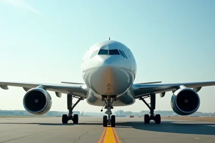 Airbus A330 en livrée commerciale sur un tarmac d'aéroport international, vue grand angle depuis le sol mettant en valeur l'envergure et les moteurs