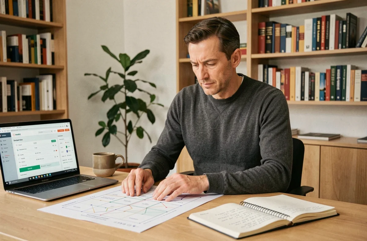 Homme analysant une matrice stratégique produit-prix sur un bureau en bois avec ordinateur et notes manuscrites