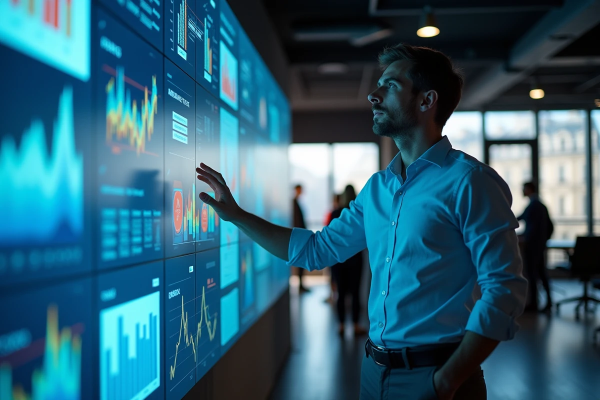 Homme analyste de donn&eacute;es analysant graphiques dans un espace hightech