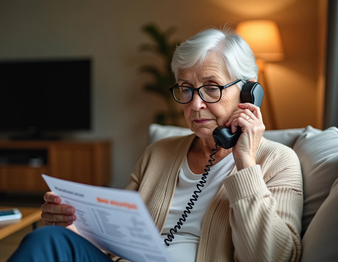 Femme senior appelant Orange par téléphone fixe pour gérer sa box et sa TV