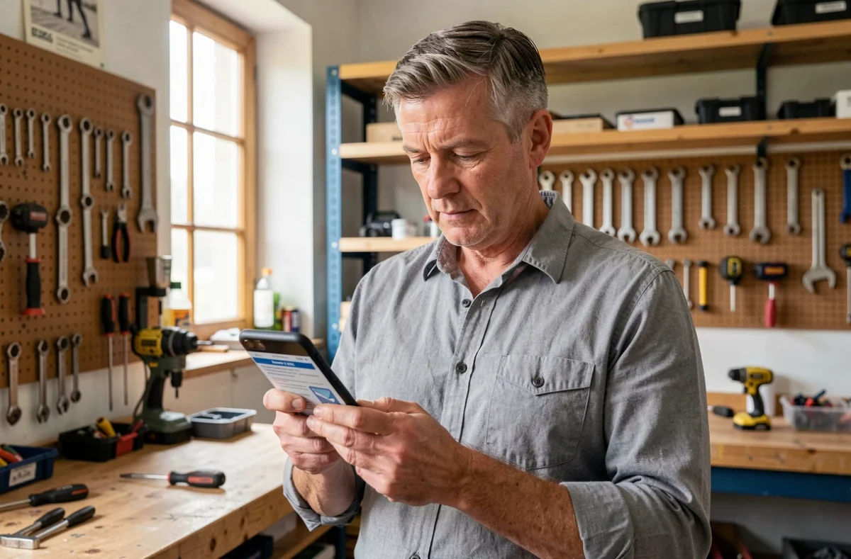 Propriétaire d'atelier artisanal consultant une offre d'assurance entreprise Loop sur son smartphone dans son lieu de travail
