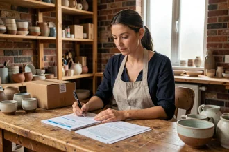 Artisane consultant des documents de dédouanement dans son atelier, entourée de céramiques et de colis d'expédition