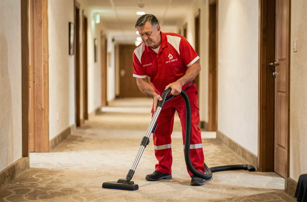Technicien de nettoyage AS DE TREFLE aspirant un couloir moquetté d'un hôtel