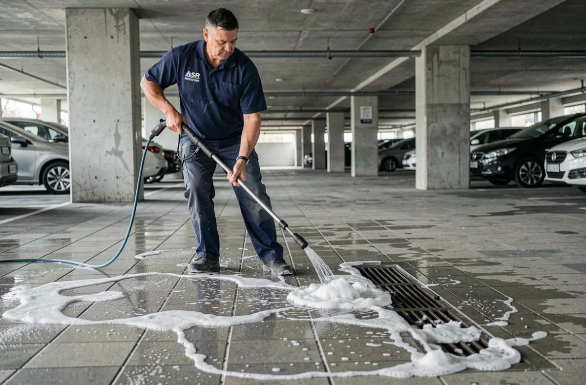 Agent ASR Nettoyage effectuant un nettoyage haute pression dans un parking souterrain