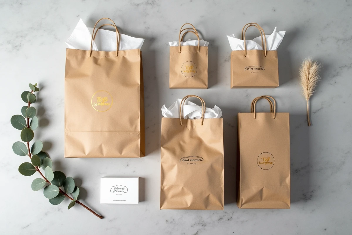 Assortiment de sacs papier kraft personnalisés en petite quantité avec logos dorés pour un kit de lancement de produit