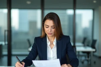 Auditrice financière Big 4 analysant des documents comptables dans une salle de réunion d'entreprise moderne
