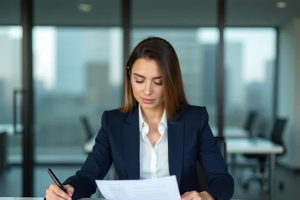 Auditrice financière Big 4 analysant des documents comptables dans une salle de réunion d'entreprise moderne