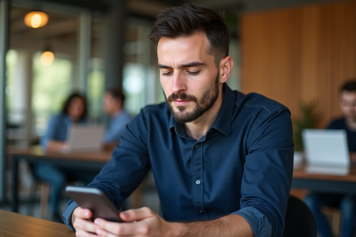 Auto-entrepreneur consultant son espace personnel Urssaf sur smartphone dans un espace de coworking