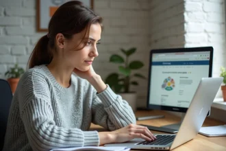 Auto-entrepreneuse connectée à son espace Urssaf sur son ordinateur portable depuis son bureau à domicile