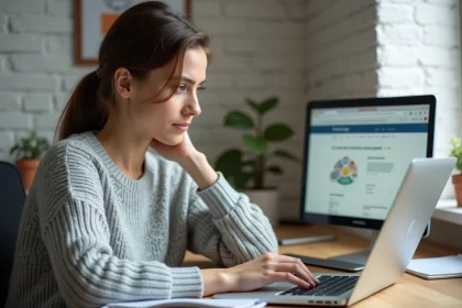 Auto-entrepreneuse connectée à son espace Urssaf sur son ordinateur portable depuis son bureau à domicile