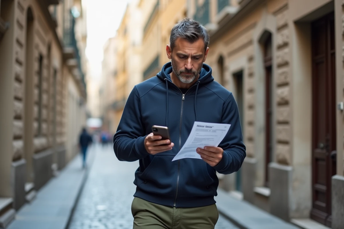 Homme consultant un avis de passage pour un colis dans une rue de Lyon 8