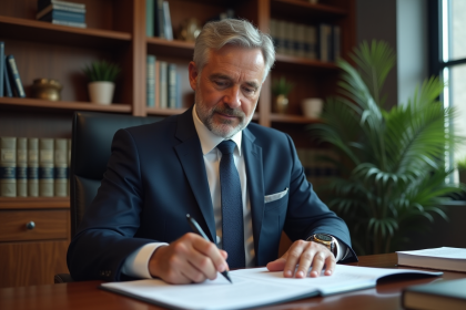 Avocat en costume bleu dans un bureau moderne