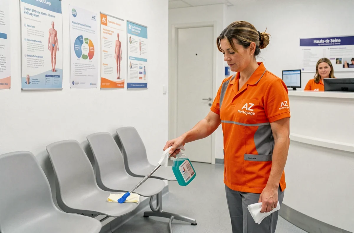 Agente AZ Nettoyage désinfectant la salle d'attente d'une clinique médicale dans les Hauts-de-Seine