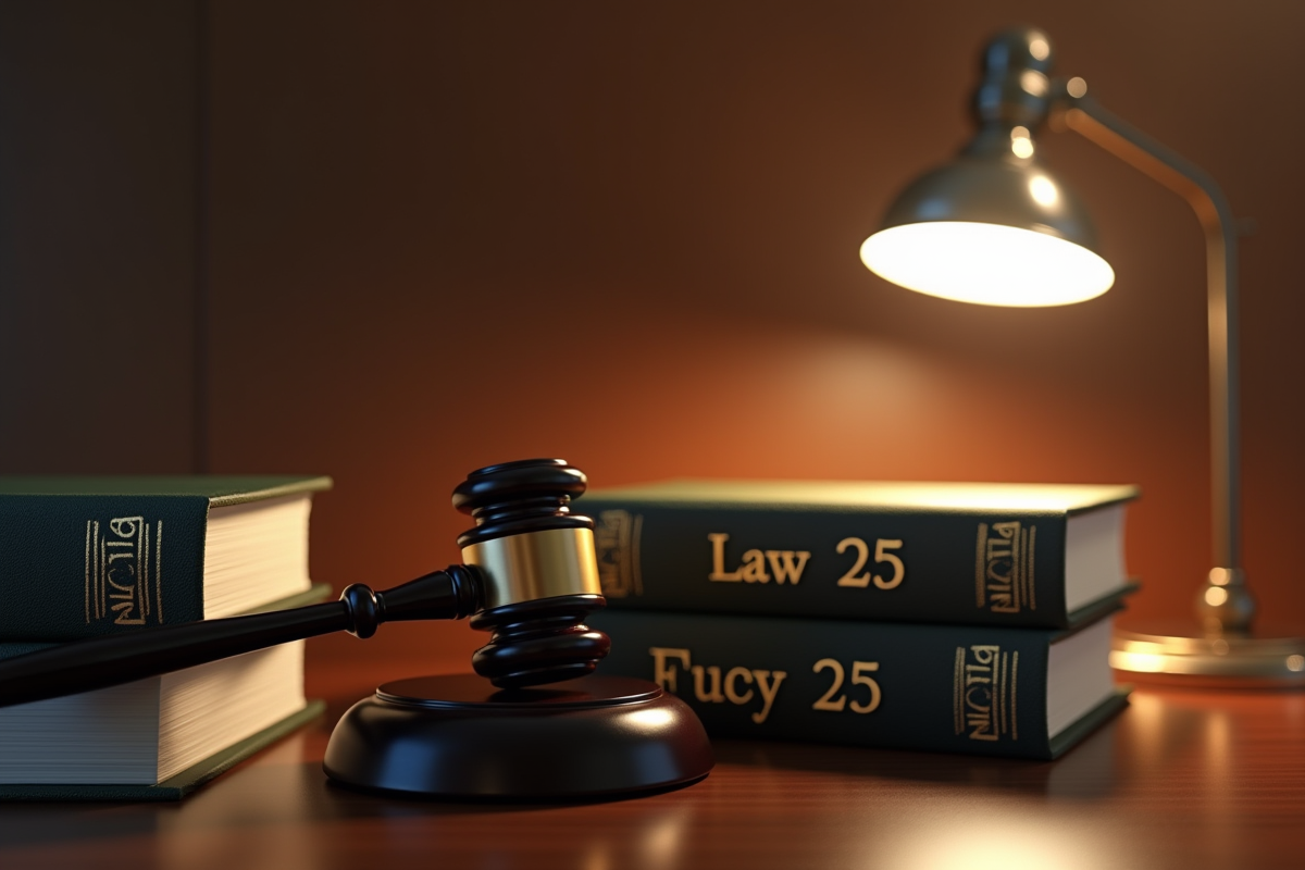 Gavel de juge entre livres légaux Bill 64 et Loi 25 sur un bureau