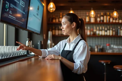 Jeune serveuse ajustant une TV dans un bar anim&eacute;