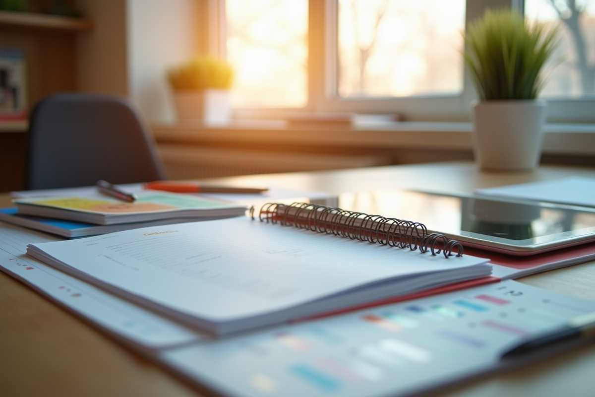 Bureau organisé avec ordinateur et papeterie pour la productivite