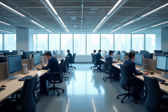 Espace de travail moderne avec des bureaux et ordinateurs lumineux