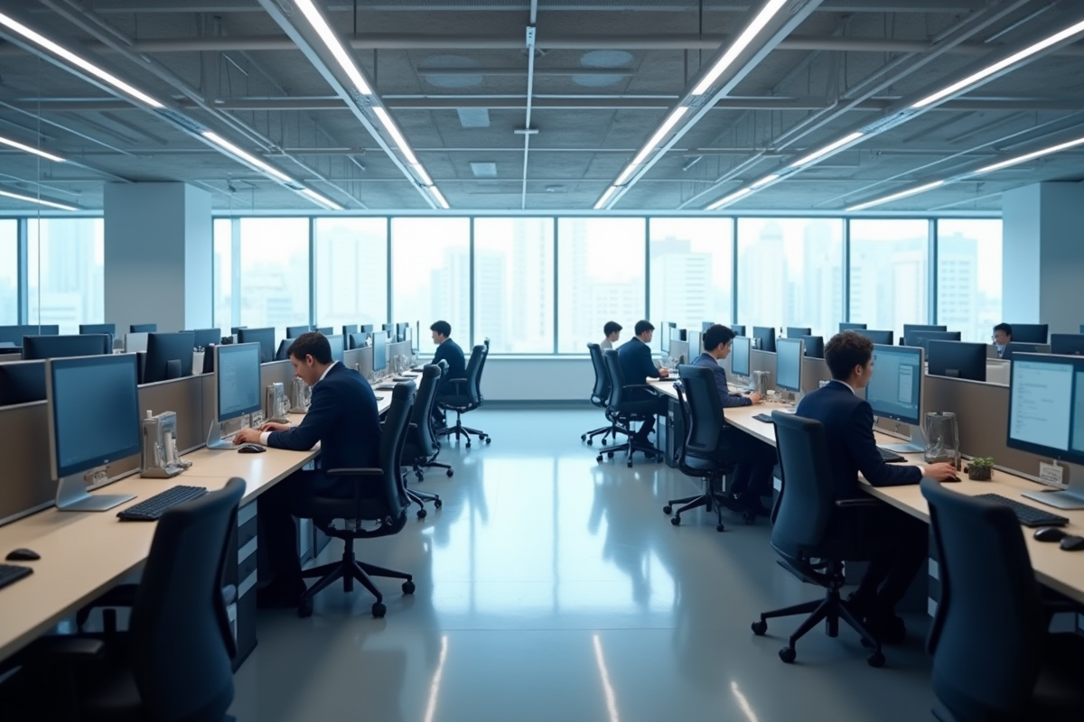 Espace de travail moderne avec des bureaux et ordinateurs lumineux