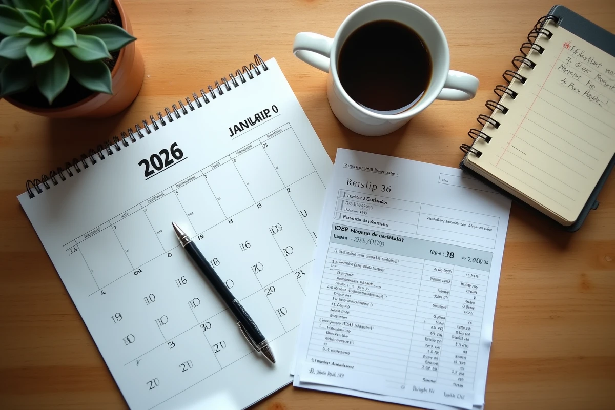 Vue du dessus d'un calendrier de paie 2026 de l'éducation nationale posé sur un bureau avec une fiche de salaire et un stylo