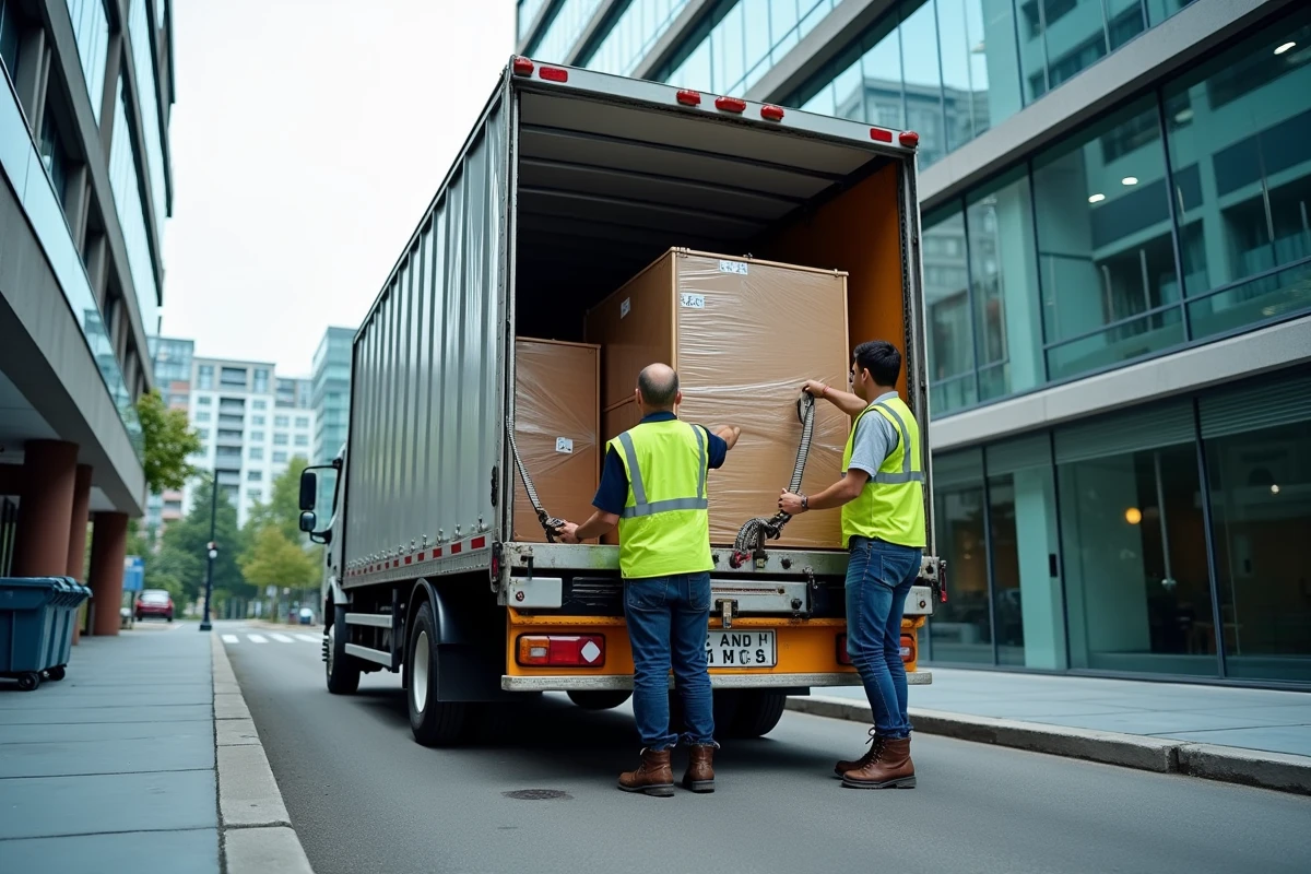 Camion de débarras professionnel chargé devant un immeuble de bureaux moderne lors d'une opération de vidage commercial