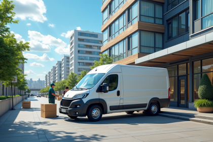 Camion électrique de livraison moderne dans la ville animée