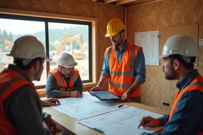 Chef de chantier présentant un logiciel de gestion BTP sur tablette à son équipe dans un bureau de chantier