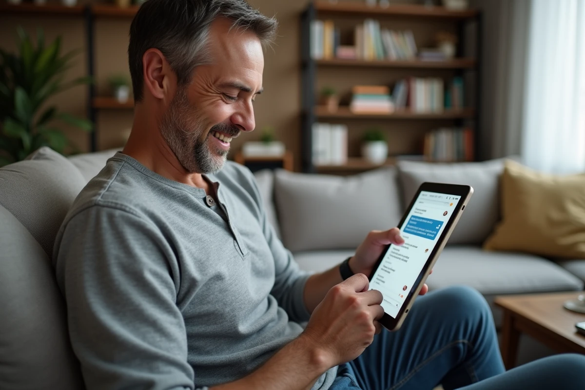 Client homme utilisant le live chat d'un site ecommerce sur sa tablette depuis son domicile pour obtenir une assistance rapide