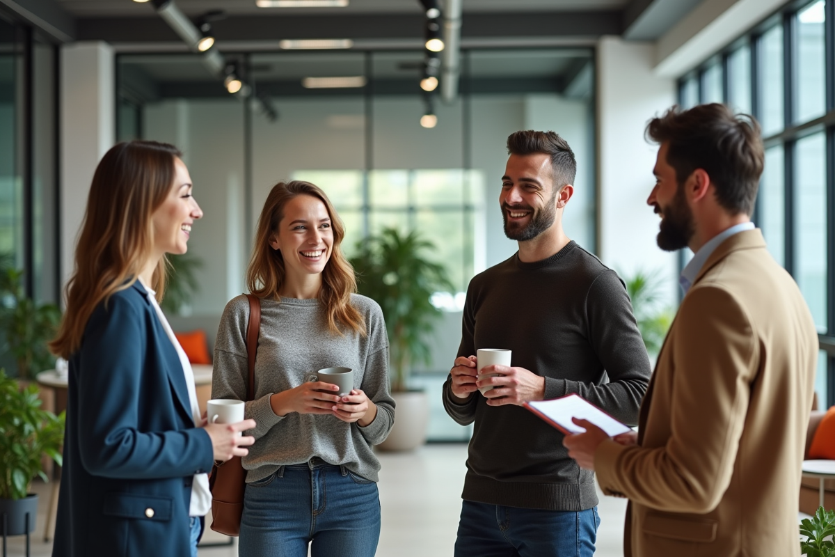 Quatre collègues discutant dans un espace de pause moderne