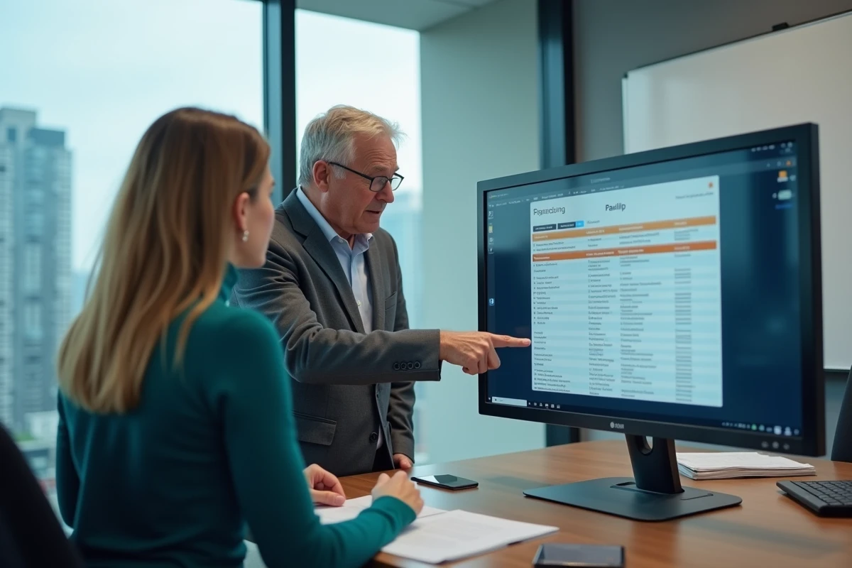 Deux coll&egrave;gues consultant ensemble des documents RH sur MyPeopleDoc dans une salle de r&eacute;union