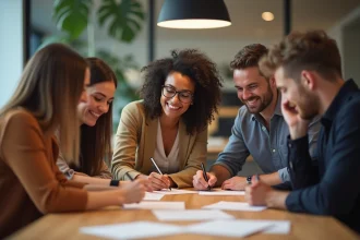 Collègues réunis autour d'une table pour signer une carte de départ dans un bureau moderne