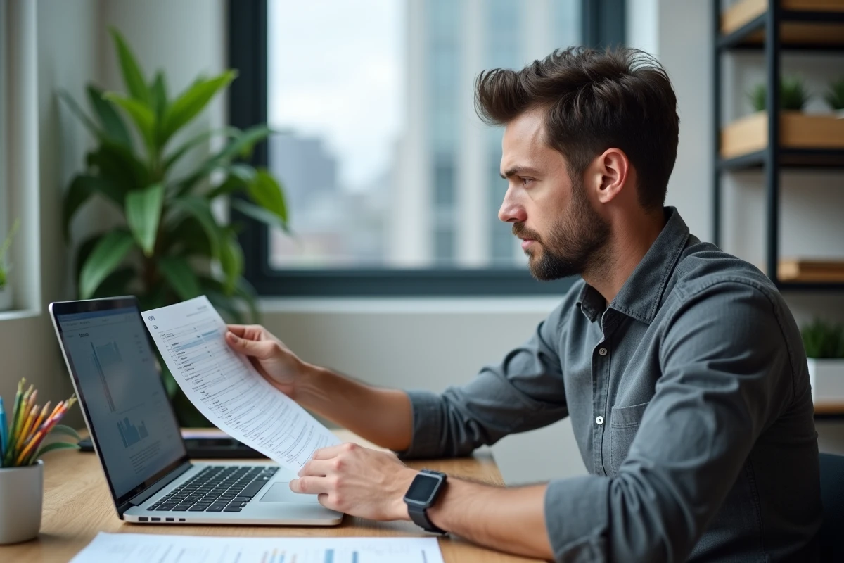 Professionnel comparant les tarifs de prestataires événementiels sur ordinateur et documents imprimés