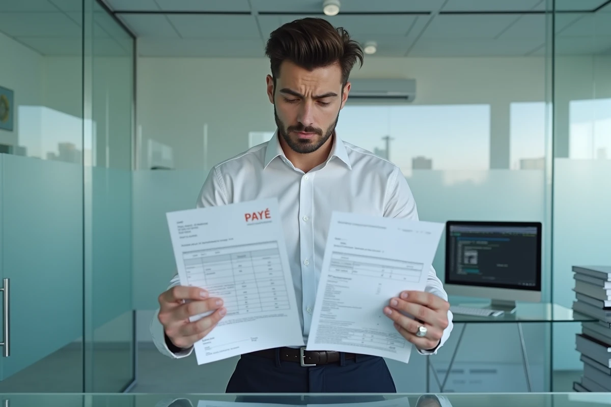 Comptable comparant deux factures dont l'une est acquitt&eacute;e dans un bureau comptable minimaliste