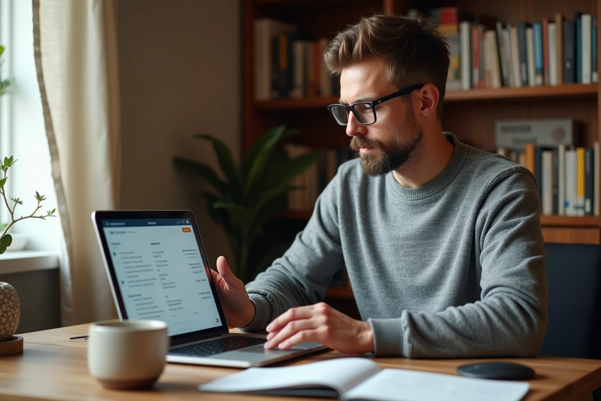 Homme paramétrant un outil de réservation automatisée evantio depuis son bureau à domicile avec des notes manuscrites
