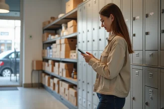 Femme récupérant un colis dans une consigne automatique Il Est Là à Lyon 8