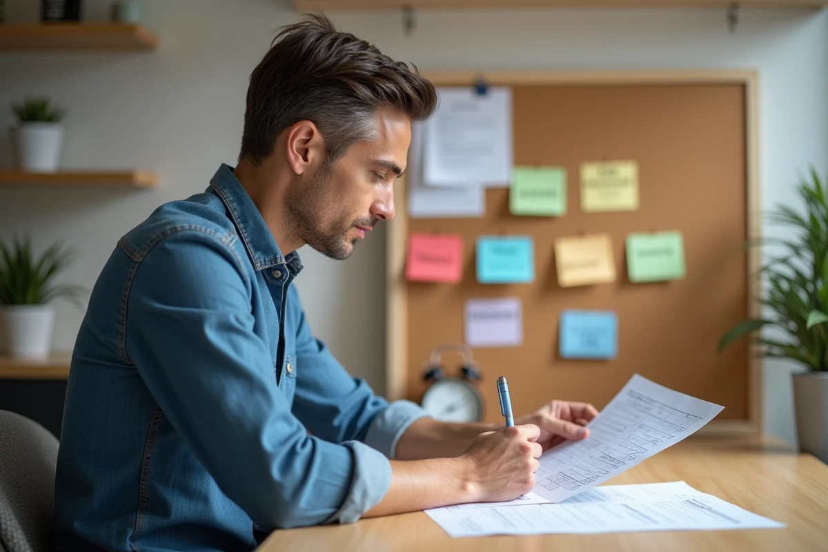 Consultant marketing annotant un plan d'action opérationnel des 4 P dans un bureau à domicile minimaliste
