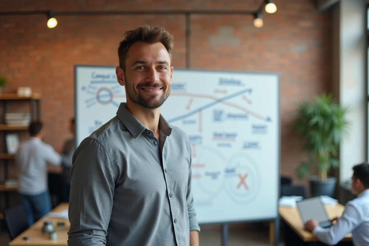 Consultant en stratégie présentant un cadre de choix de domaines d'activité stratégiques sur tableau blanc en open space