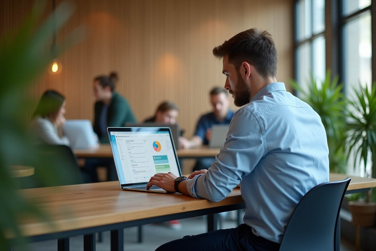 Jeune consultant concentré sur son CRM dans un espace de coworking