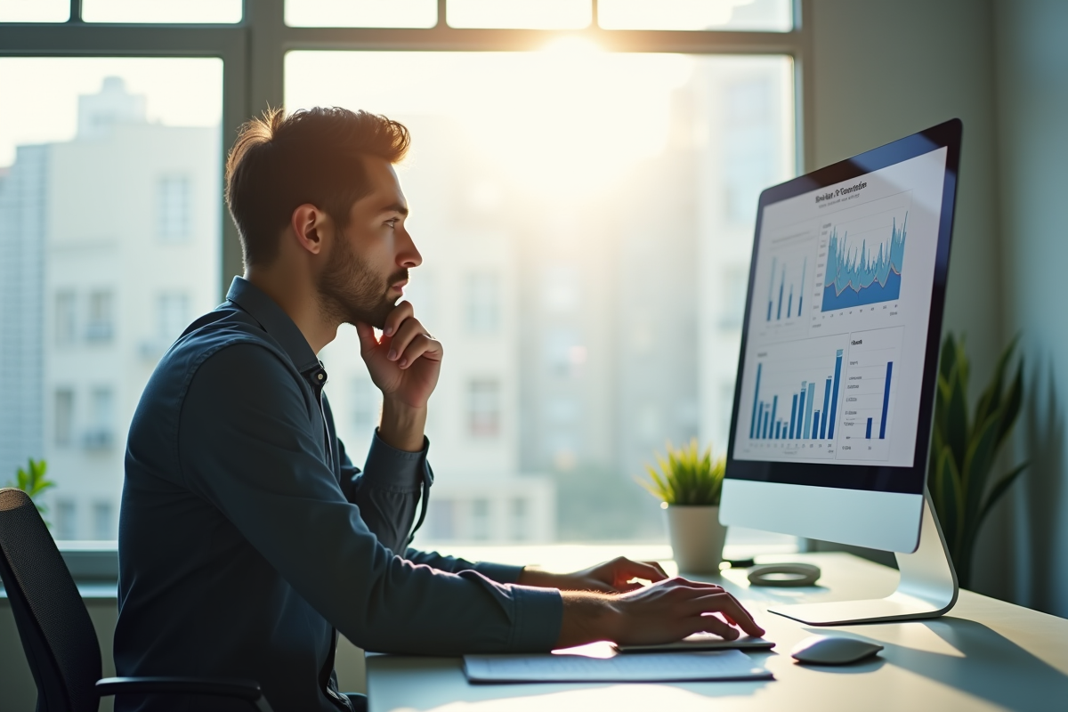 Consultant en analyse de données travaillant sur un ordinateur dans un bureau lumineux