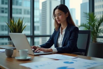 Femme d'affaires en consultation avec un expert en ligne pour accélérer la croissance de son entreprise