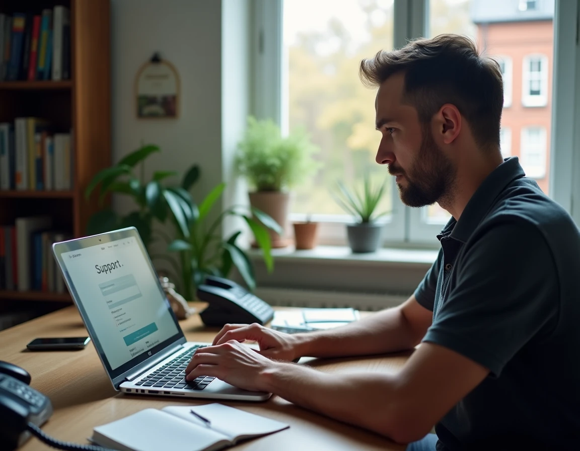 Homme contactant le support Orange en ligne depuis son bureau à domicile