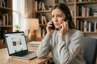 Femme contactant le service client Backmarket par téléphone depuis son bureau à domicile