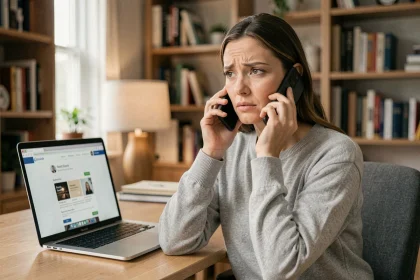 Femme contactant le service client Backmarket par téléphone depuis son bureau à domicile
